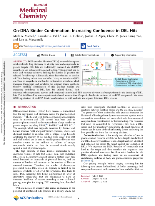 Journal of Medicinal Chemistry: On-DNA Binder Confirmation: Increasing Confidence in DEL Hits